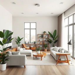 An interior design scene showcasing a modern and minimalist living room