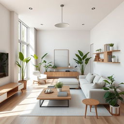 An interior design scene showcasing a modern and minimalist living room