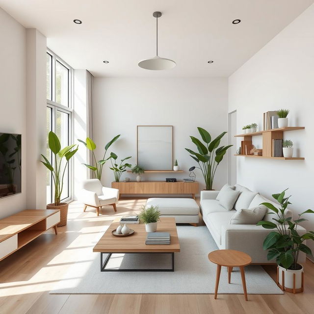 An interior design scene showcasing a modern and minimalist living room