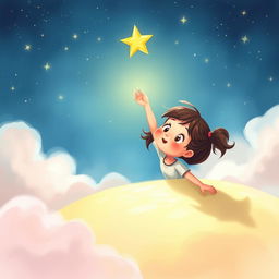 A whimsical and enchanting book cover illustration featuring a little girl with a look of surprise on her face as she tumbles gently backwards through a soft, dreamy landscape