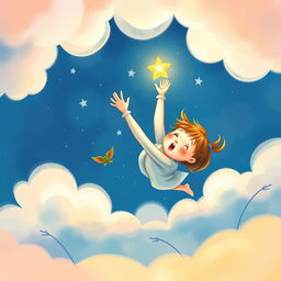 A whimsical and enchanting book cover illustration featuring a little girl with a look of surprise on her face as she tumbles gently backwards through a soft, dreamy landscape