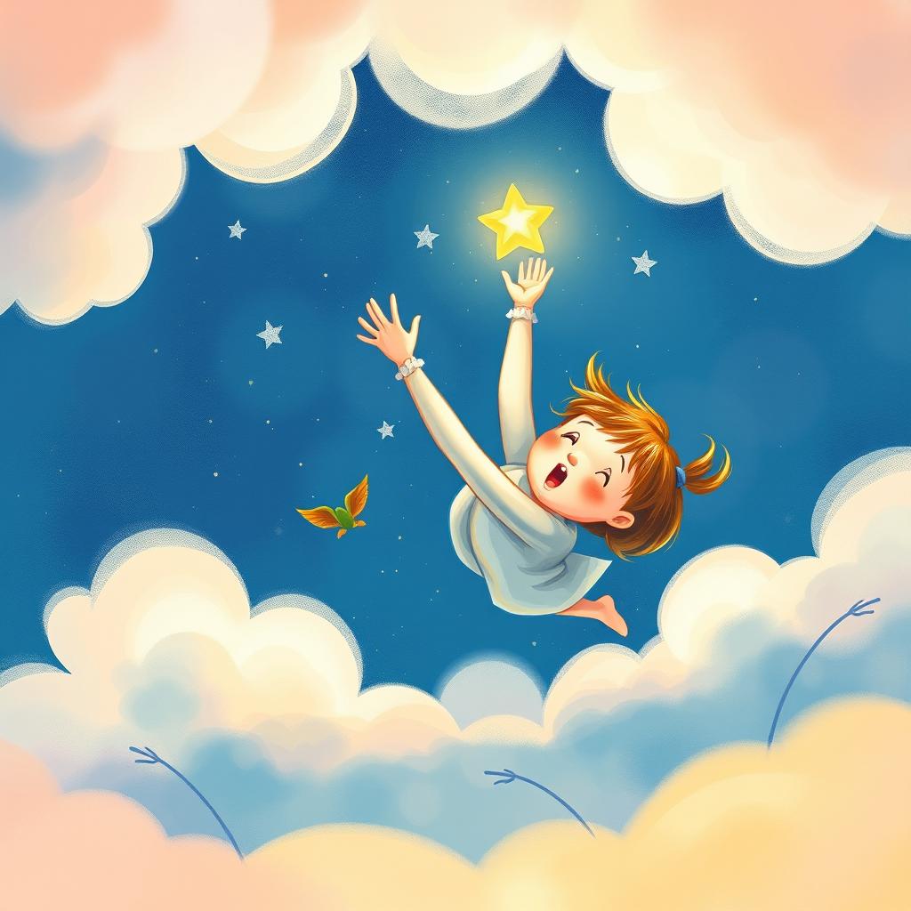 A whimsical and enchanting book cover illustration featuring a little girl with a look of surprise on her face as she tumbles gently backwards through a soft, dreamy landscape