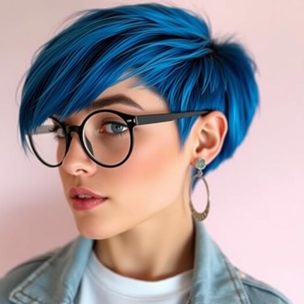 A fashionable young woman with striking blue hair styled in a bold pixie cut, wearing stylish round eyeglasses