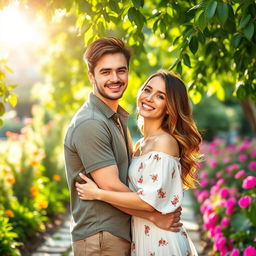 A beautiful couple portrait in a romantic outdoor setting, where the couple is joyfully embracing each other surrounded by lush greenery and colorful flowers