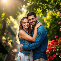 A beautiful couple portrait in a romantic outdoor setting, where the couple is joyfully embracing each other surrounded by lush greenery and colorful flowers