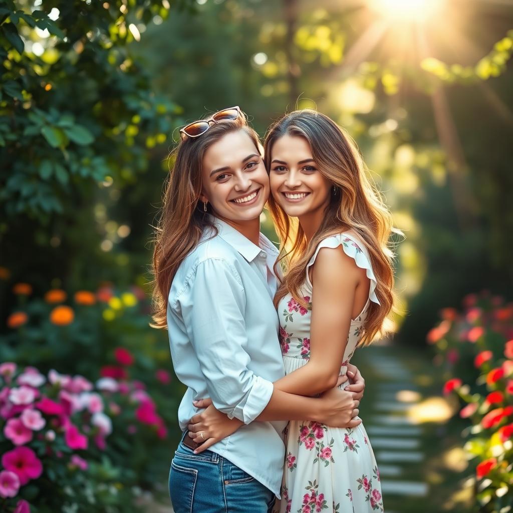 A beautiful couple portrait in a romantic outdoor setting, where the couple is joyfully embracing each other surrounded by lush greenery and colorful flowers