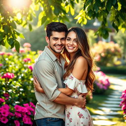 A beautiful couple portrait in a romantic outdoor setting, where the couple is joyfully embracing each other surrounded by lush greenery and colorful flowers