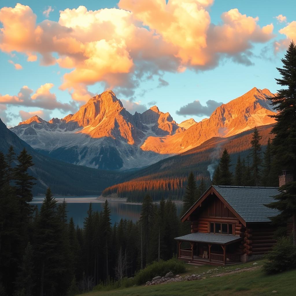 A breathtaking landscape photograph of a serene mountain scene during sunset, featuring majestic peaks illuminated by warm hues of orange and pink, surrounded by lush green forests and a calm reflective lake in the foreground