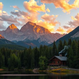 A breathtaking landscape photograph of a serene mountain scene during sunset, featuring majestic peaks illuminated by warm hues of orange and pink, surrounded by lush green forests and a calm reflective lake in the foreground