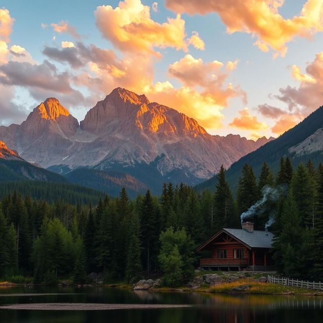 A breathtaking landscape photograph of a serene mountain scene during sunset, featuring majestic peaks illuminated by warm hues of orange and pink, surrounded by lush green forests and a calm reflective lake in the foreground