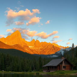 A breathtaking landscape photograph of a serene mountain scene during sunset, featuring majestic peaks illuminated by warm hues of orange and pink, surrounded by lush green forests and a calm reflective lake in the foreground