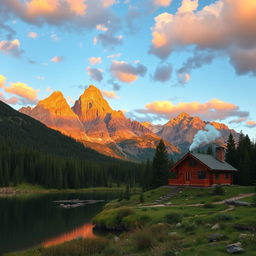 A breathtaking landscape photograph of a serene mountain scene during sunset, featuring majestic peaks illuminated by warm hues of orange and pink, surrounded by lush green forests and a calm reflective lake in the foreground