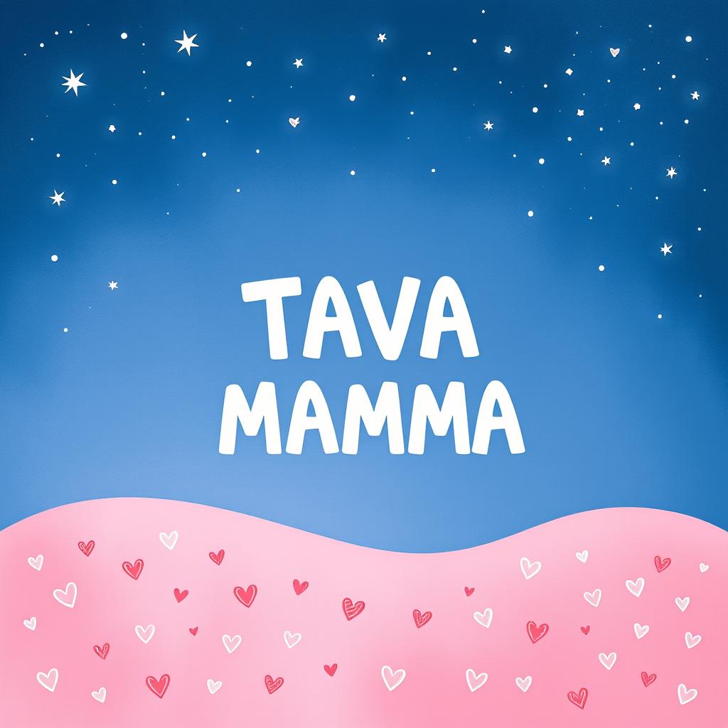 A whimsical illustration featuring a vivid upper half depicting a dark blue sky scattered with twinkling stars, transitioning smoothly into a soft pink lower half filled with charming little hearts