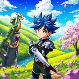 A vibrant anime scene featuring a fantasy landscape with lush green hills and a bright blue sky