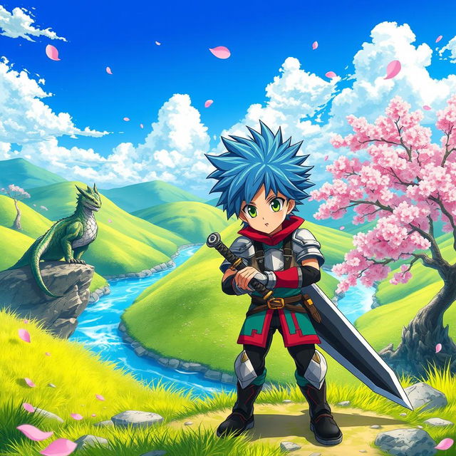 A vibrant anime scene featuring a fantasy landscape with lush green hills and a bright blue sky