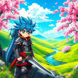 A vibrant anime scene featuring a fantasy landscape with lush green hills and a bright blue sky
