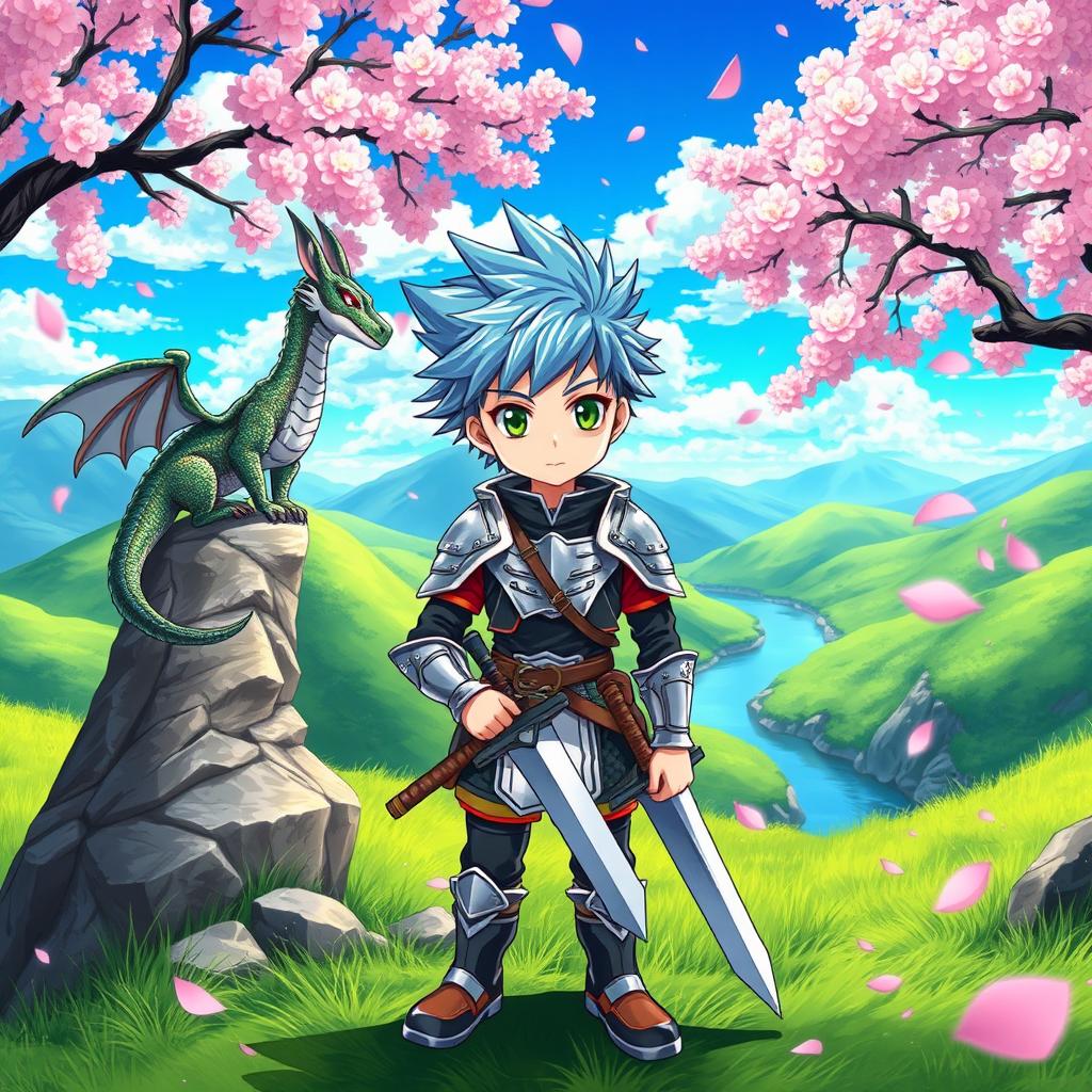 A vibrant anime scene featuring a fantasy landscape with lush green hills and a bright blue sky