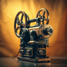 A vintage projector from the 1920s to 1940s, showcasing intricate mechanisms with a golden finish