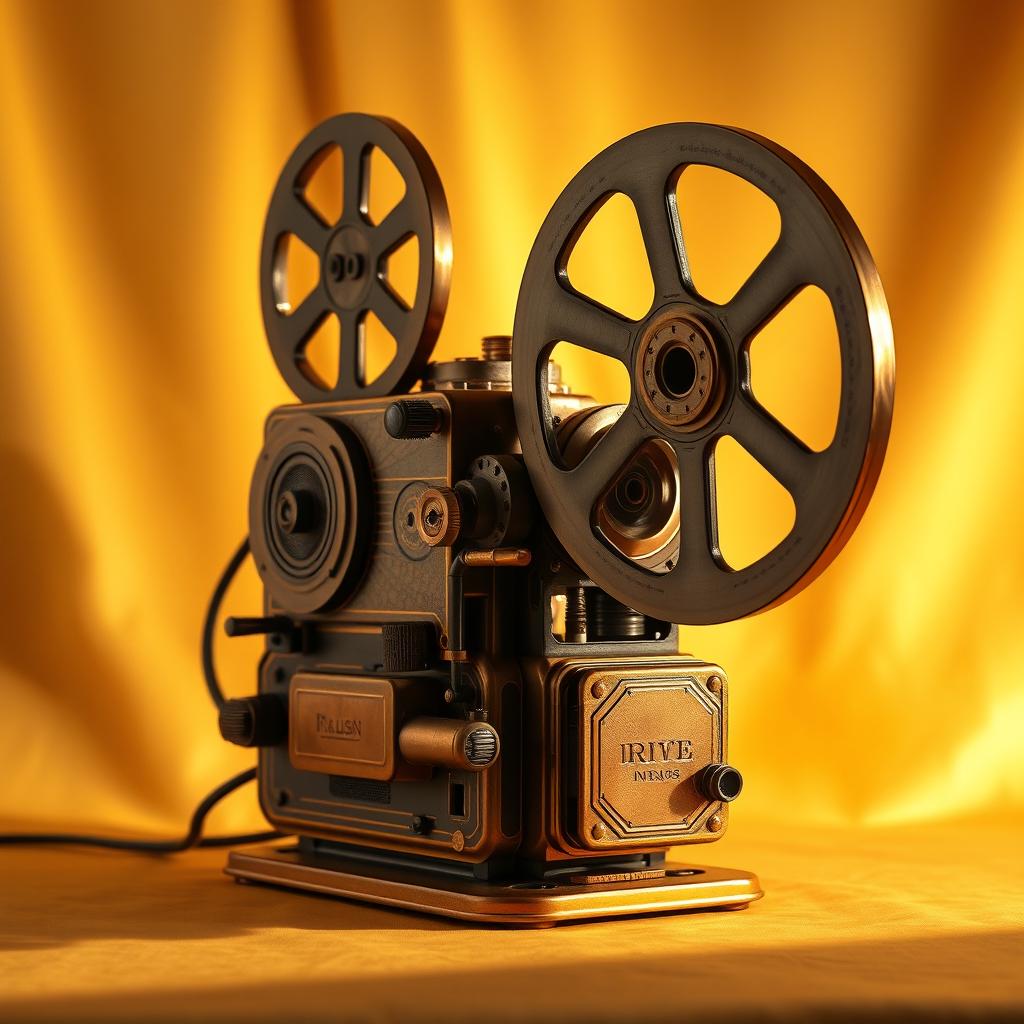 A vintage projector from the 1920s to 1940s, showcasing intricate mechanisms with a golden finish