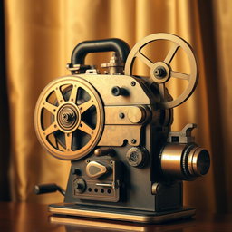A vintage projector from the 1920s to 1940s, showcasing intricate mechanisms with a golden finish