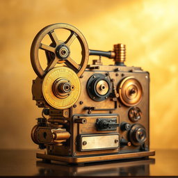 A vintage projector from the 1920s to 1940s, showcasing intricate mechanisms with a golden finish