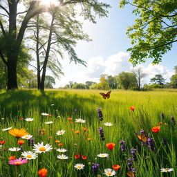 A serene and bright outdoor scene with soft sunlight filtering through the leaves of tall trees