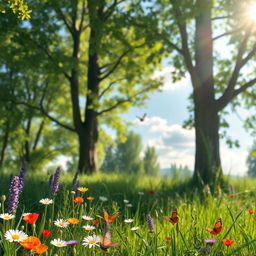 A serene and bright outdoor scene with soft sunlight filtering through the leaves of tall trees