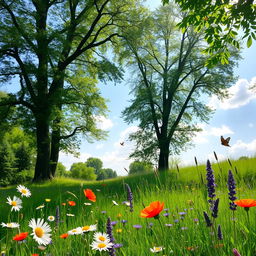 A serene and bright outdoor scene with soft sunlight filtering through the leaves of tall trees