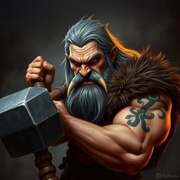 An older male half-orc barbarian with a stern expression, wielding a large hammer