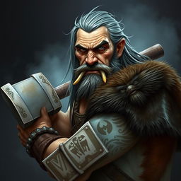 An older male half-orc barbarian with a stern expression, wielding a large hammer