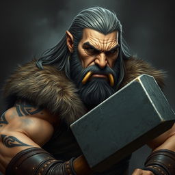 An older male half-orc barbarian with a stern expression, wielding a large hammer