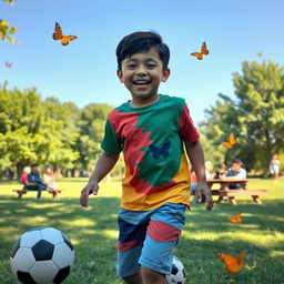A young Iranian boy joyfully playing in a sunny park, wearing a colorful t-shirt and shorts, with a soccer ball near him