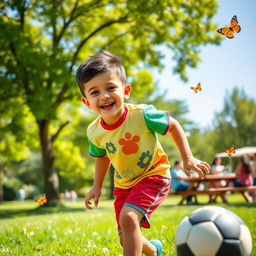 A young Iranian boy joyfully playing in a sunny park, wearing a colorful t-shirt and shorts, with a soccer ball near him