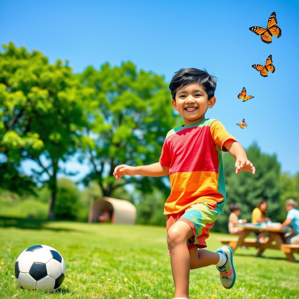 A young Iranian boy joyfully playing in a sunny park, wearing a colorful t-shirt and shorts, with a soccer ball near him