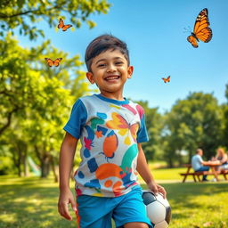 A young Iranian boy joyfully playing in a sunny park, wearing a colorful t-shirt and shorts, with a soccer ball near him