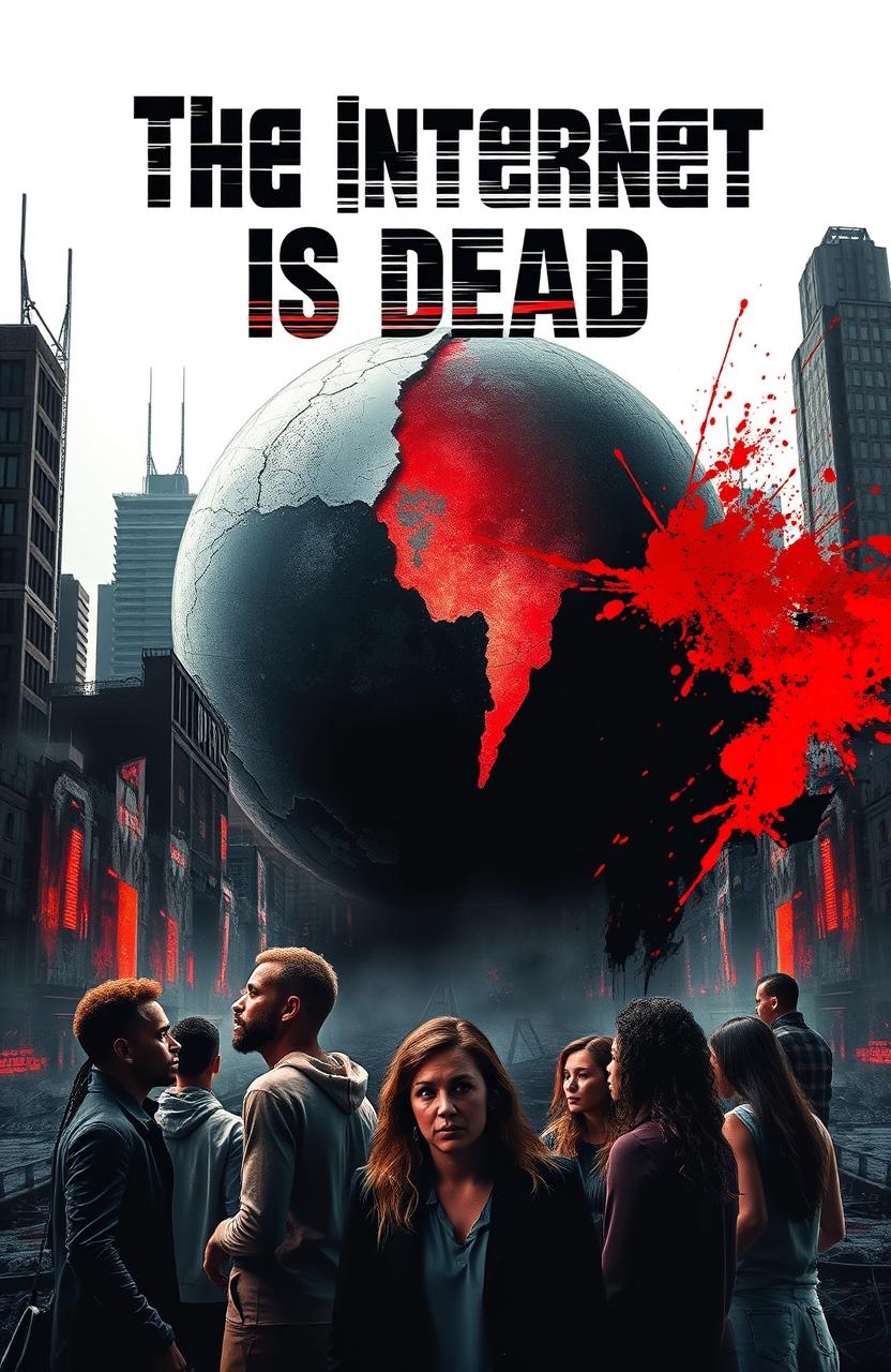 A striking and thought-provoking book cover for 'The Internet is Dead', capturing the essence of conspiracy theories surrounding digital technology and society