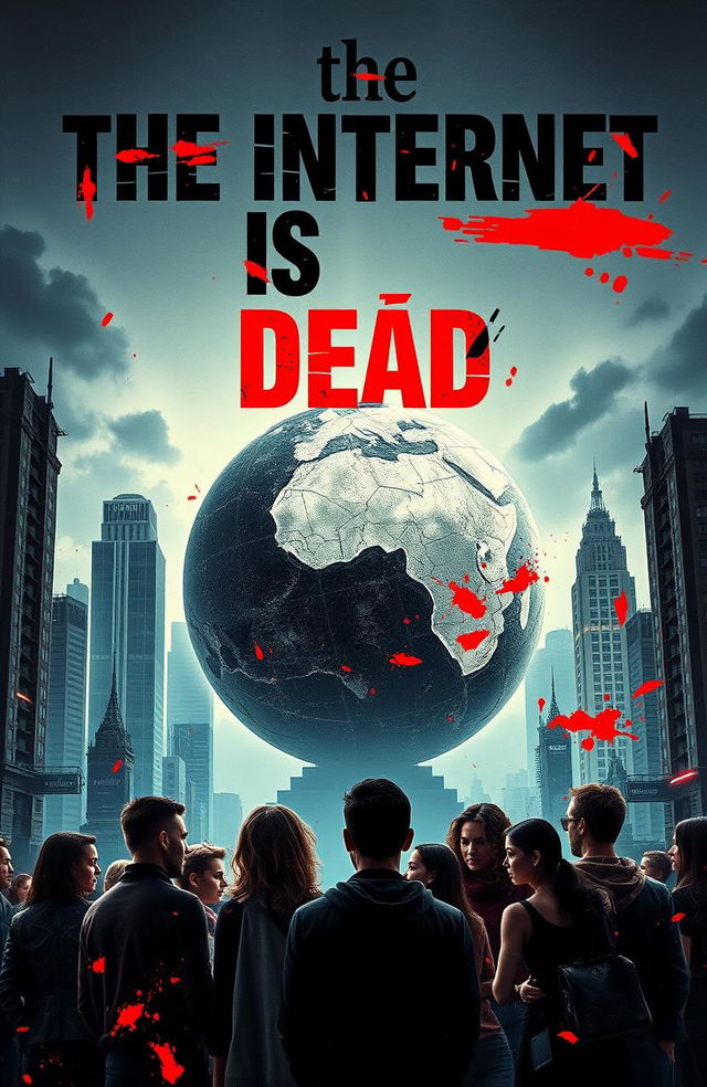 A striking and thought-provoking book cover for 'The Internet is Dead', capturing the essence of conspiracy theories surrounding digital technology and society