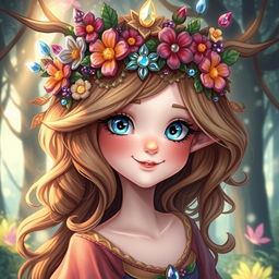 A beautifully detailed illustration of a whimsical fantasy character, showcasing an intricately designed headpiece adorned with vibrant flowers and sparkling gems