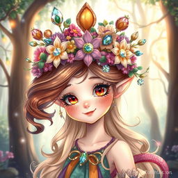 A beautifully detailed illustration of a whimsical fantasy character, showcasing an intricately designed headpiece adorned with vibrant flowers and sparkling gems