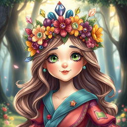 A beautifully detailed illustration of a whimsical fantasy character, showcasing an intricately designed headpiece adorned with vibrant flowers and sparkling gems
