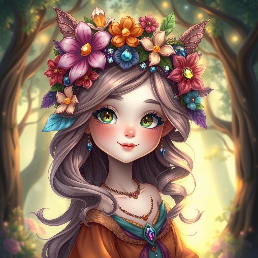 A beautifully detailed illustration of a whimsical fantasy character, showcasing an intricately designed headpiece adorned with vibrant flowers and sparkling gems