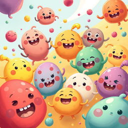 A whimsical and colorful illustration depicting a vibrant sequence of playful and animated blobs with a variety of textures and colors, transforming and interacting in a dynamic, fluid motion, reminiscent of a playful animation style