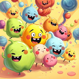 A whimsical and colorful illustration depicting a vibrant sequence of playful and animated blobs with a variety of textures and colors, transforming and interacting in a dynamic, fluid motion, reminiscent of a playful animation style