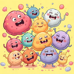 A whimsical and colorful illustration depicting a vibrant sequence of playful and animated blobs with a variety of textures and colors, transforming and interacting in a dynamic, fluid motion, reminiscent of a playful animation style
