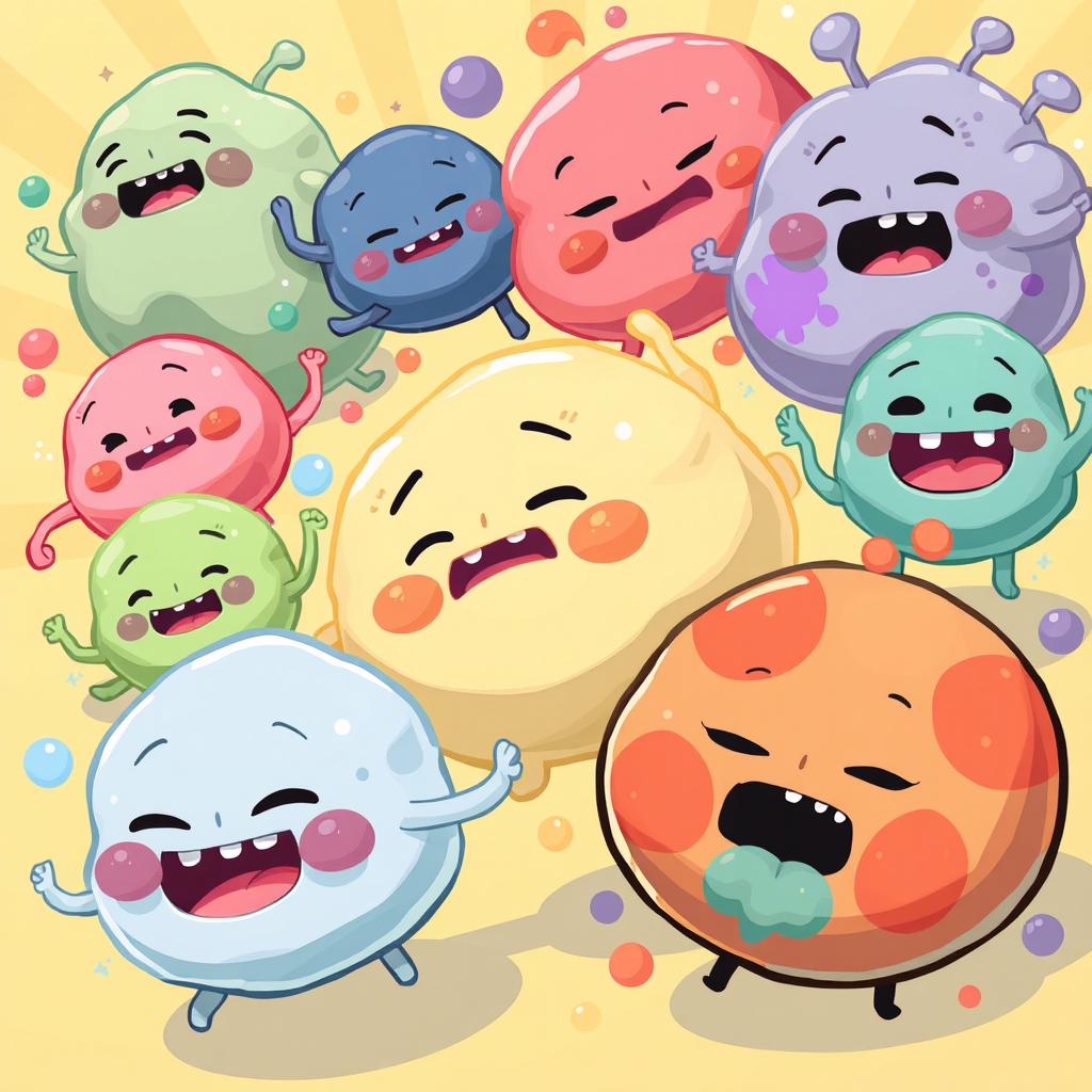 A whimsical and colorful illustration depicting a vibrant sequence of playful and animated blobs with a variety of textures and colors, transforming and interacting in a dynamic, fluid motion, reminiscent of a playful animation style