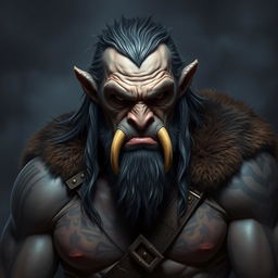 An older but still very muscular and fit gray orc barbarian with a stern expression