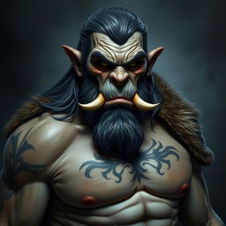 An older but still very muscular and fit gray orc barbarian with a stern expression