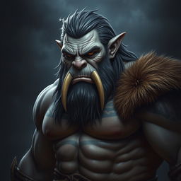 An older but still very muscular and fit gray orc barbarian with a stern expression