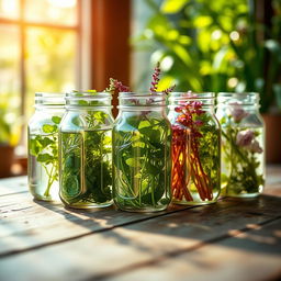 A mesmerizing close-up shot of colorful plant cuttings arranged artistically in various jars filled with water