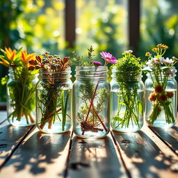 A mesmerizing close-up shot of colorful plant cuttings arranged artistically in various jars filled with water